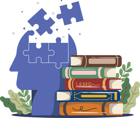 illustration of puzzle pieces connect with learning and knowledge concept. Stack of books, Pile of books vector illustration.