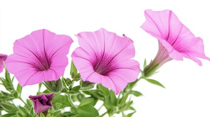 Delicate pink petunias bloom in bright sunlight