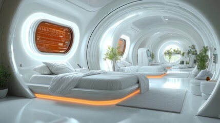 Futuristic bedroom interior showcasing a high-tech, sleek design with glowing elements and a serene atmosphere for relaxation