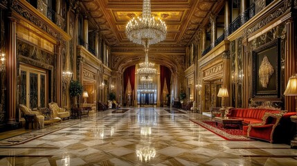 Fototapeta premium Grand opulent marble hallway with chandelier, gold accents, and plush furniture.