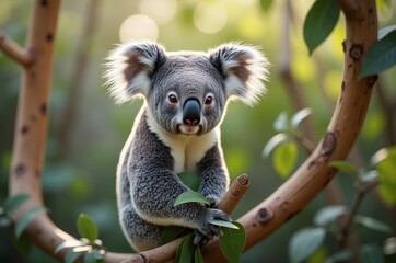A close-up of a cute koala with furry ears sitting on a tree branch