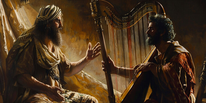 David playing the harp to soothe King Saul. Biblical scene depicting David's musical healing and service to the troubled king.