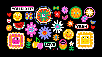 Set of colorful stickers related to motivational, cheerful, cute, watermelon, cherry, love, you did it, yeah, kids, celebration, vector illustration.