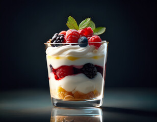 Layered parfait dessert served in elegant glass cup, vibrant and fresh