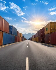 Fototapeta premium Road flanked by shipping containers under a bright sky at sunset.