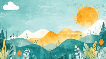 Colorful hill landscape with sun and clouds