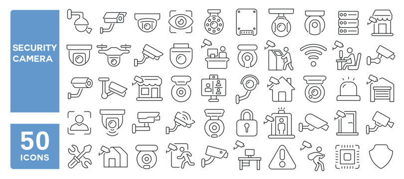Set of 50 line icons related to security camera, surveillance, protection, observation, monitoring, cctv, Editable stroke. Vector illustration