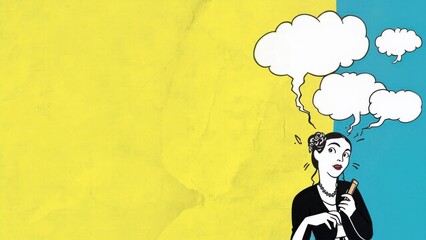 Fototapeta premium Collage: illustration of thinking woman with thought bubbles. Ideas and contemplation.
