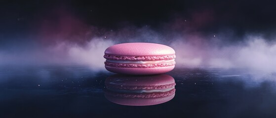 Pink Macaron on Reflective Surface with Smoky Background.