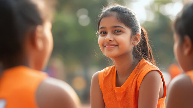 A Indian teenage girl leading her basketball team in a post-game discussion