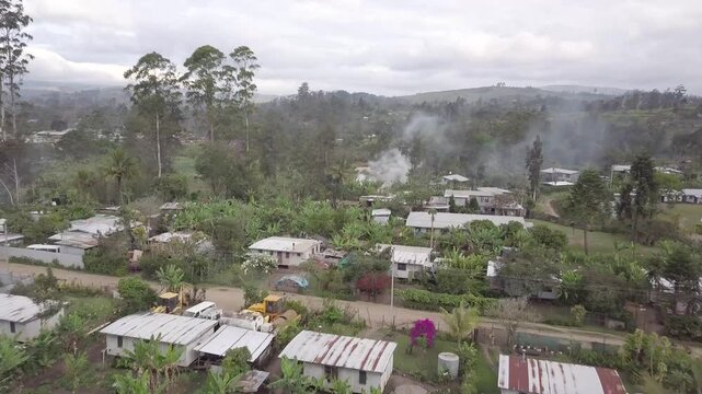 Aerial drone shot of village in Papua New Guinea. High quality 4k footage