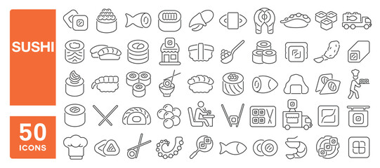 Set of 50 line icons related to sushi, seafood, chopsticks, rice, nori, caviar, sushi roll, Editable stroke. Vector illustration