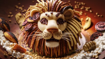 Obraz premium Lion head made from assorted sweets, chocolate, and fruit slices in creative food art