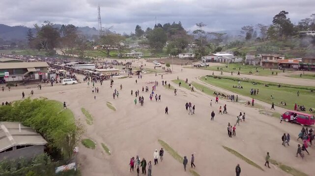 Aerial drone shot of village in Papua New Guinea. High quality 4k footage
