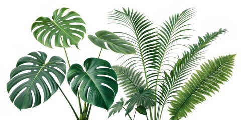 Tropical Leaf Composition Monstera, Palm and Fern Collage, White Background, Lush Greenery Keywords Tropical Plants, Botanical Illustration