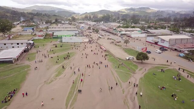 Aerial drone shot of village in Papua New Guinea. High quality 4k footage
