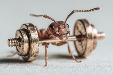 Miniature ant lifting a small barbell, a humorous scene.