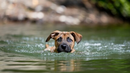Brown puppy swimming in natural green river