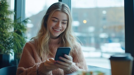 Happy woman using smartphone in cafe.