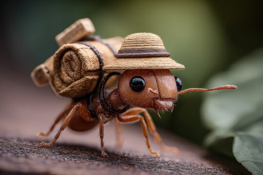 A tiny ant transporting miniature luggage and a hat.