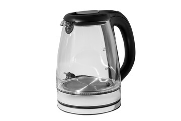 Glass teapot with metal strainer inside. Kitchen utensils on gray background.