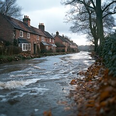 Flooded river flowing through residential area with brick houses. Concept of natural disaster, climate change, water damage, and environmental risk in urban settings.