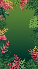 Fototapeta premium Tropical Paradise Green Background With Leaves Frame Illustration