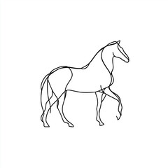 Obraz premium Minimalist pony outline created with single continuous line, 0.5px stroke weight, negative space design on pure white background, ideal for logo
