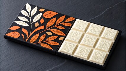 Luxurious white chocolate bar with decorative packaging featuring autumnal leaf design
