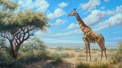 Obraz premium Giraffe in African Savanna under a Bright Sky