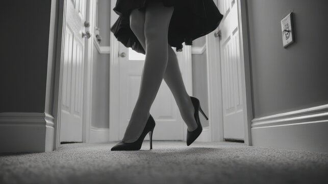 Black and white hallway scene of woman walking.