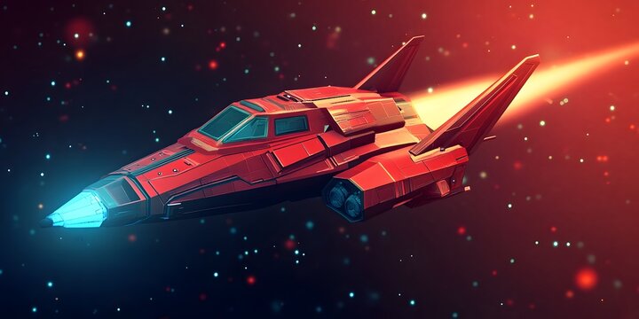 Red spaceship soaring through starry space.
