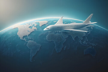 Fototapeta premium A jet aircraft flies around the world globe on a business transport flight path illustration