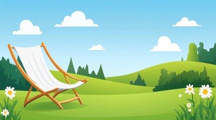 Tranquil Summer Landscape with Lounge Chair and Green Hills under Blue Sky