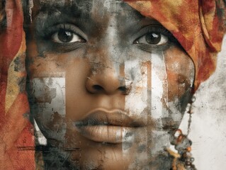 Close-up portrait of a woman with a textured face.