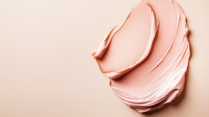 Close-up of smooth pink cosmetic cream or makeup foundation smeared on a soft beige background. Generative AI
