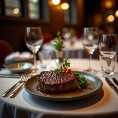 A succulent steak with sauce served on a white tablecloth with wine glasses in the background
