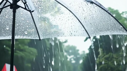 Rain drops falling and sliding down a transparent umbrella with lush green foliage in the background. The water droplets increase in intensity as the rain continues. - Powered by Adobe