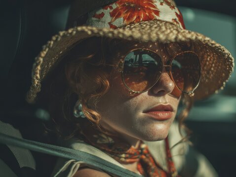 Fototapeta Stylish woman in a vintage car.