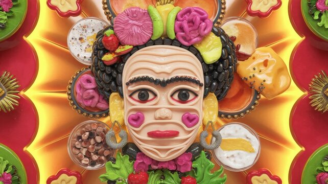 Food art edible portrait of unibrow face created with Mexican cuisine, vegetables, fruit arrangement, beans, avocados, tortillas, folk art symmetrical pattern overhead