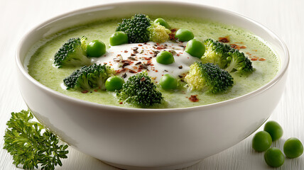 Delightful broccoli and green peas cream soup garnished with fresh herbs
