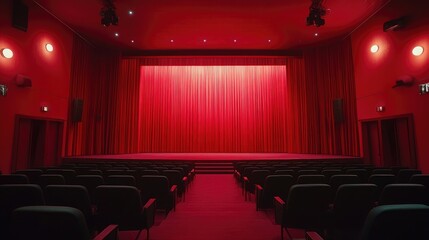 Fototapeta premium Empty red theater with stage and screen.