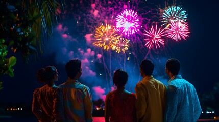A group of friends watching fireworks with excitement and joy as the night sky is lit up with colors