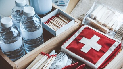 Emergency survival kit with water, matches, and supplies
