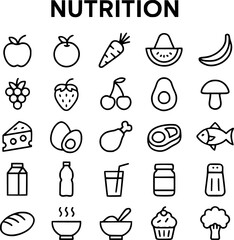 Simple Black Line Art Icons Representing Various Nutritional Foods