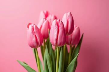 Fototapeta premium A bouquet of pink tulips on a pink background