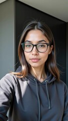 Portrait of woman in glasses with hoodie in natural light