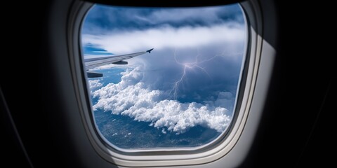 Airplane window view of thunderstorm and lightning clouds over ocean
