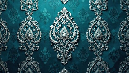 Intricate paisley damask pattern in deep teal and silver , art, background