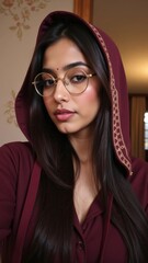 Stylish woman with glasses and hooded maroon outfit